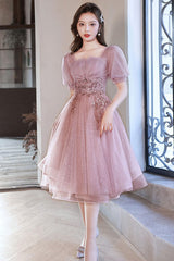 Pink Prom Dress Tulle Sequin Short Formal Evening Dress