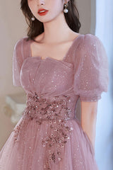 Pink Prom Dress Tulle Sequin Short Formal Evening Dress