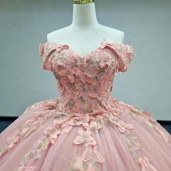 Pink Quinceanera Dress Butterfly Flowers Ball Gown Sweet 16 Dress