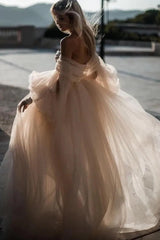 Pink Romantic Long Sleeves Off-The-Shoulder Beach Wedding Dresses With Lace