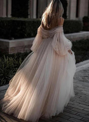 Pink Romantic Long Sleeves Off-The-Shoulder Beach Wedding Dresses With Lace