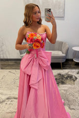 Dreamyannie Pink Satin Corset Prom Dress With Neckline Pearl Trim & Oversized Bow Formal Evening Gown