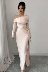 Pink Sheath/Column Prom Dress Long Sleeve Asymmetric Neck Satin Evening Dress
