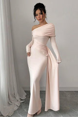 Pink Sheath/Column Prom Dress Long Sleeve Asymmetric Neck Satin Evening Dress