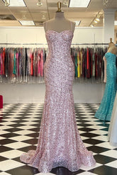 Pink Spaghetti Straps Mermaid Prom Dress Sleeveless Sequined Evening Dress