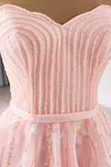 Pink Strapless Prom Dress A Line Beaded Lace Up Evening Dress