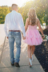 Pink Sweetheart A Line Corset Tiered Short Graduation Dress