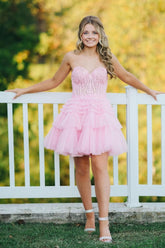Pink Sweetheart A Line Corset Tiered Short Graduation Dress