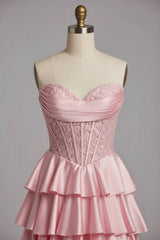 Pink Sweetheart Neck Prom Dress Satin Lace A Line Tiered Formal Evening Dress