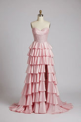 Pink Sweetheart Neck Prom Dress Satin Lace A Line Tiered Formal Evening Dress