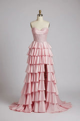 Pink Sweetheart Neck Prom Dress Satin Lace A Line Tiered Formal Evening Dress