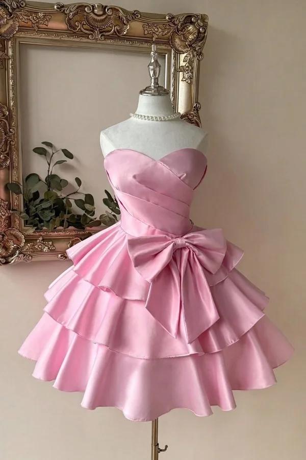 Pink Tiered Graduation Dress Sleeveless Sweetheart Satin Cocktail Dress