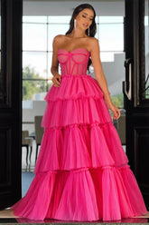 Pink Tiered Prom Dress Sleeveless Sweetheart Evening Dress