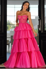 Pink Tiered Prom Dress Sleeveless Sweetheart Evening Dress