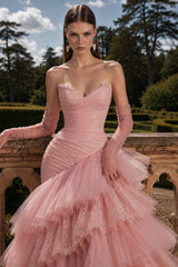 Pink Tulle A Line Prom Dress with Tiered Ruffles and Lace Trim