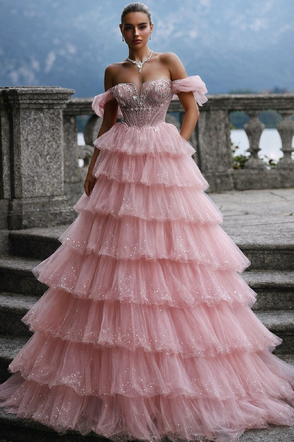 Pink Tulle A Line Prom Dress with Tiered Skirt and Off Shoulder