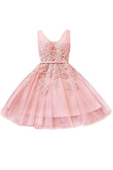 Pink Tulle Graduation Dress A Line Sleeveless Short Prom Dress with Appliques