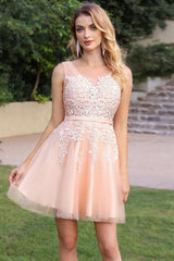 Pink Tulle Graduation Dress A Line Sleeveless Short Prom Dress with Appliques