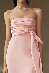 Pink Wedding Guest Dress Chiffon Strapless Sheath Ruched Long Evening Dress
