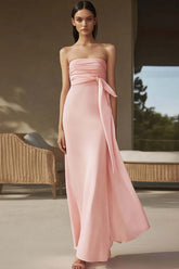 Pink Wedding Guest Dress Chiffon Strapless Sheath Ruched Long Evening Dress