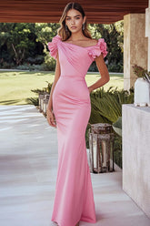 Pink Wedding Guest Dress Satin Mermaid Ruched Long Evening Dress With Ruffled Sleeves