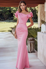 Pink Wedding Guest Dress Satin Mermaid Ruched Long Evening Dress With Ruffled Sleeves