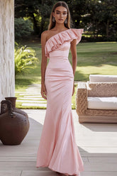 Pink Wedding Guest Dress Satin One Shoulder Ruffled Long Mermaid Evening Dress