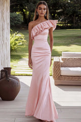 Pink Wedding Guest Dress Satin One Shoulder Ruffled Long Mermaid Evening Dress