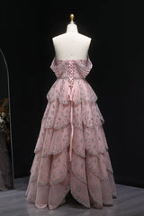 Dreamyannie Pink Off The Shoulder Prom Dress A Line Tiered Beaded Formal Dress
