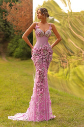 Pink Spaghetti Straps Prom Dress Tulle Mermaid Evening Dress with 3D Flowers