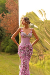 Pink Spaghetti Straps Prom Dress Tulle Mermaid Evening Dress with 3D Flowers