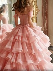Pink Tiered Prom Dress Off the Shoulder A Line Formal Dress