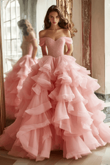 Pink Tiered Prom Dress Off the Shoulder A Line Formal Dress