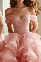 Pink Tiered Prom Dress Off the Shoulder A Line Formal Dress