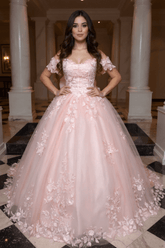 Pink Quinceanera Dress Lace Appliques Ball Gown Off the Shoulder Sweet 16 Dress