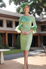 Pleated One-Shoulder 3/4 Sleeve Sheath/Column Dress with Feather for Mother of the Bride & Groom