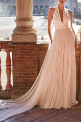 Plunge A-Line Chiffon Pleated Beach Wedding Dresses