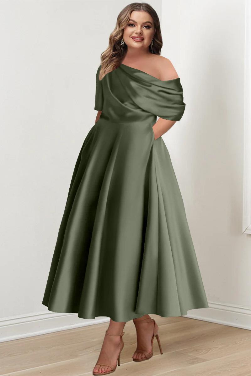 Plus Size A-Line Princess Ankle-Length One-Shoulder Mother of the Bride Dress with Ruffles and Half Sleeves