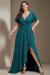 Plus Size Asymmetrical A-Line Princess Dress with Deep V-Neck and Ruffled Short Sleeves
