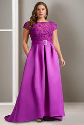 Plus Size Asymmetrical A-Line Princess Scoop Neck Mother of the Bride Dress with Appliques and Short Sleeves