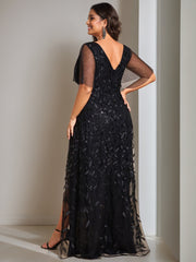 Plus Size Asymmetrical A-Line Princess V-Neck Short Sleeve Mother of the Bride Dress with Sequins