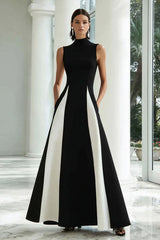 Plus Size Black And White A-Line High Neck Long Satin Prom Dress