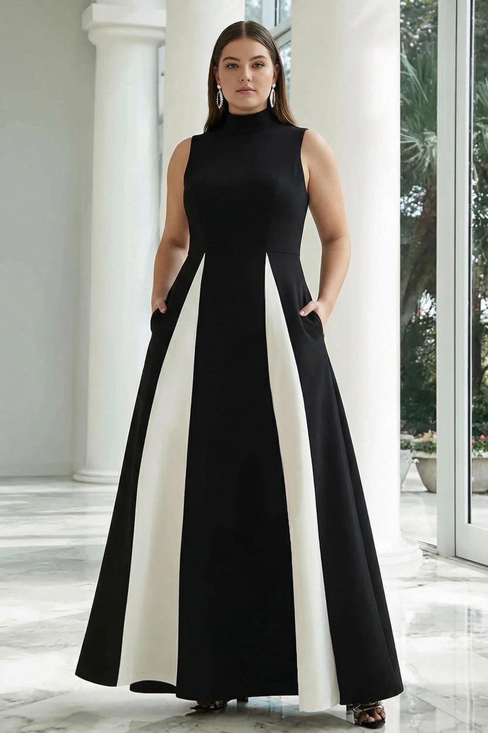 Plus Size Black And White A-Line High Neck Long Satin Prom Dress