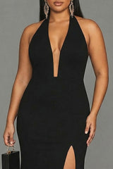Plus Size Black Mermaid Halter Long Prom Dress With Slit