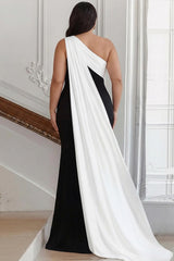 Plus Size Black White Sheath One Shoulder Long Satin Prom Dress With Side Cape