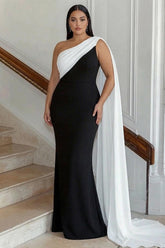 Plus Size Black White Sheath One Shoulder Long Satin Prom Dress With Side Cape