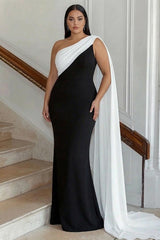 Plus Size Black White Sheath One Shoulder Long Satin Prom Dress With Side Cape