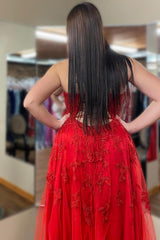 Plus Size Deep V Neck Red Prom Dress Long Evening Dress with Appliques