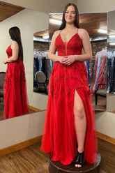 Plus Size Deep V Neck Red Prom Dress Long Evening Dress with Appliques