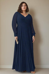 Plus Size Floor-Length A-Line Mother of the Bride Dress with V-Neck and Long Sleeves